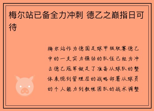 梅尔站已备全力冲刺 德乙之巅指日可待