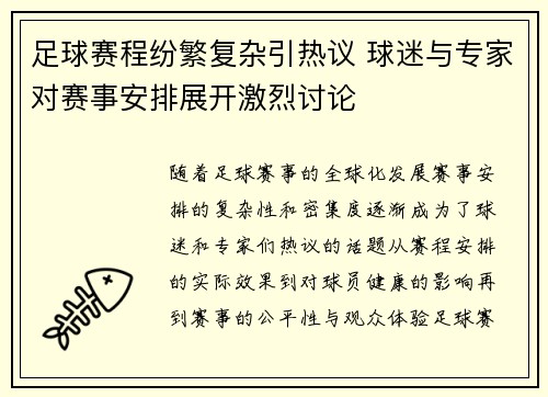 足球赛程纷繁复杂引热议 球迷与专家对赛事安排展开激烈讨论